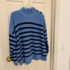 LOFT Blue and Black Striped Mockneck Sweater
